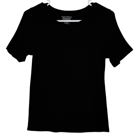 Lucky Brand Black Ribbed Scoop Neck Short Sleeve T-Shirt Modal Cotton Blend Sz M - Picture 1 of 6